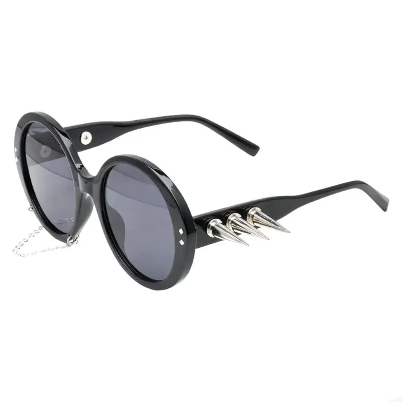 

Dark Rivet Studded Frame Oversized Round Sunglasses for Halloween Theme Event