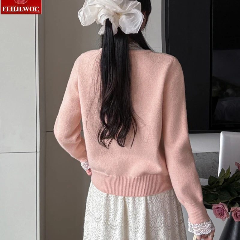 الياقة المدورة بلوزات من الدانتيل لاعبا السنة الجديدة أزياء المرأة الشتاء الربيع المرقعة الجوف خارج الكروشيه الدانتيل محبوك سترة البلوفرات