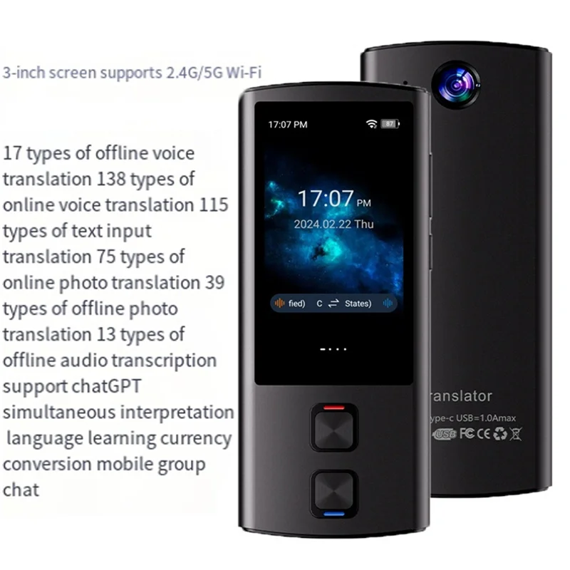-BOFF T17 138 Traductor de voz bidireccional multilingüe Grabación de traducción de fotos WIFI Chatgpt Compatible con función en línea/sin conexión