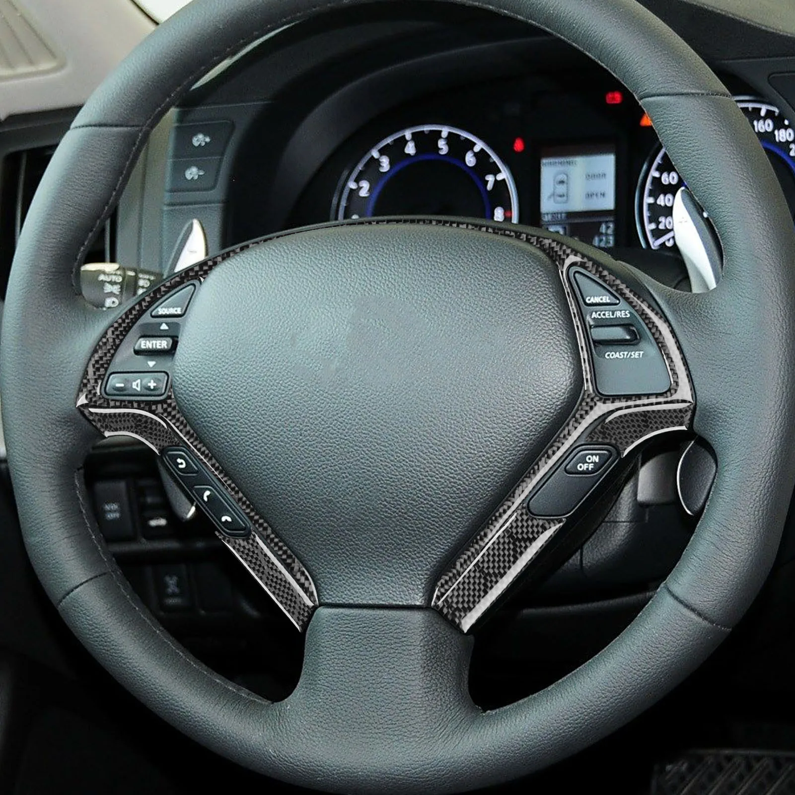 For Infiniti G35 G37 G25 Q60 Hexagonal Honeycomb Carbon Fiber Steering Wheel Button Panel Trim Cover Car Accessories Sticker
