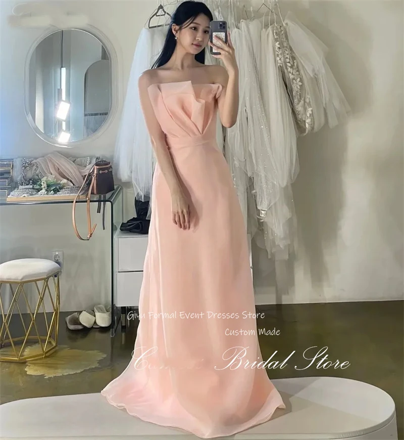 Giyu Elegante errötende rosa Organza-Brautkleider in A-Linie für Fotoshootings, trägerlose, bodenlange Brautkleider für den Abend,  soi Angebot