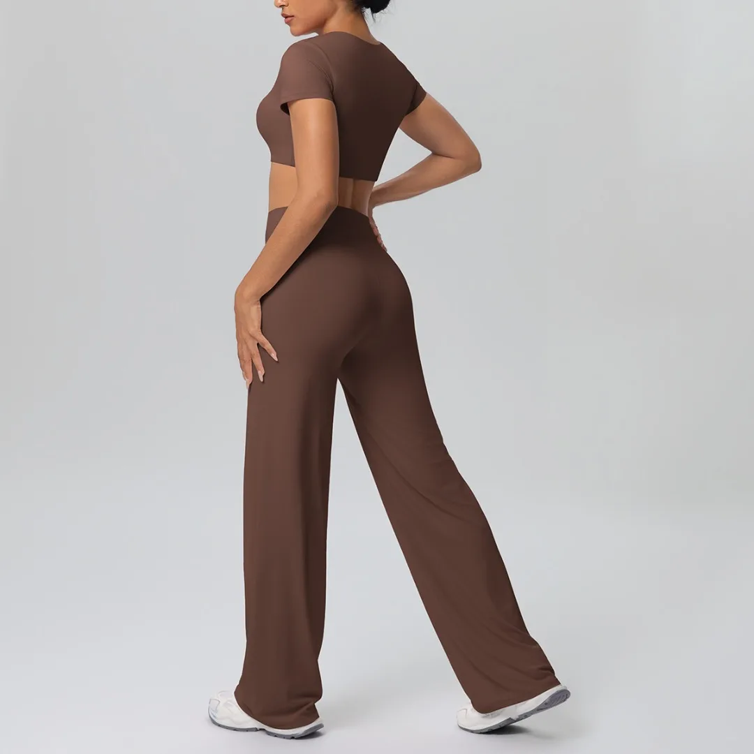 

Женская узкая футболка, брюки, комплект для йоги, высокая талия, широкие брюки с подтяжкой бедер, костюм для фитнеса, йоги, бег, тренировки в тренажерном зале, спортивный комплект для йоги