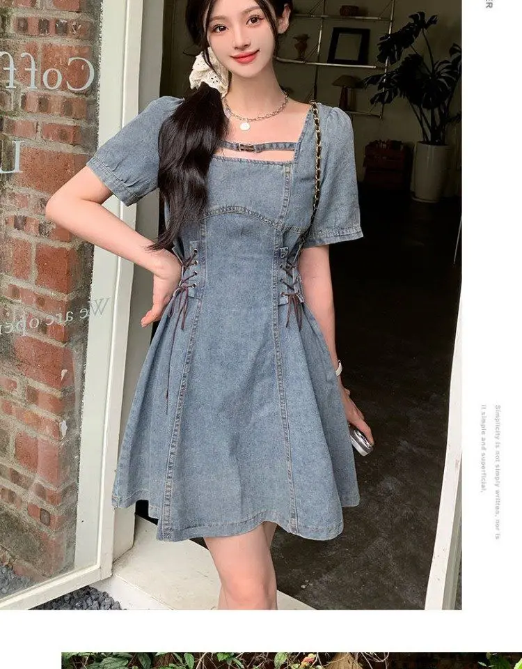 Large Size Women\'s French Square Neck Dress Women\'s Fat MM Concealing Flesh and Slimming Denim Skirt Bubble Sleeves Waist