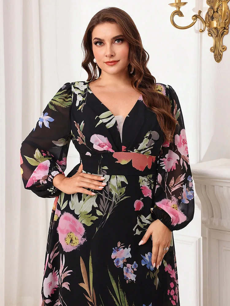 TOLEEN 2024 Neue Frauen Plus Größe Floral Bedruckte V-ausschnitt Langarm Kleid Sommer Frühling Casual Elegante Party Urlaub Maxi Kleider