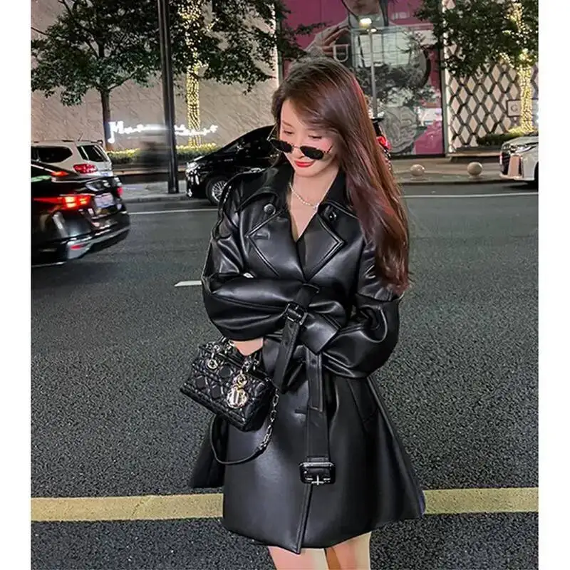 Black Genuine Sheepskin Biker Coat Women's Spring Autumn New Style Korean High Waist Cinched Short Length Long Sleeve Woolen