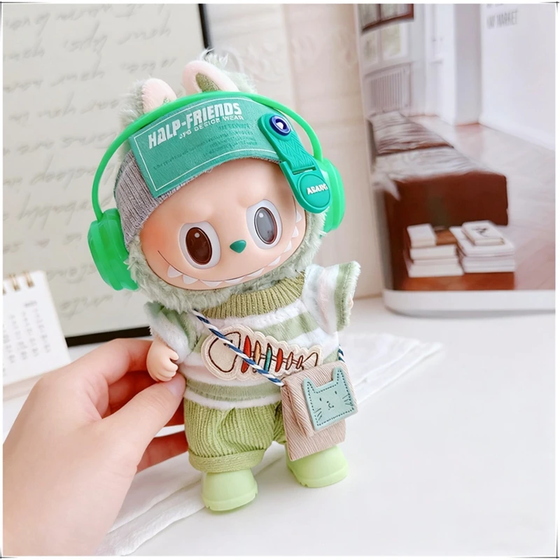 

Мини-футболка с рыбой Labubu, брюки, повязка на голову, повседневный модный костюм для 10 см Labubu 4,0, булавка для куклы любви, одежда, аксессуары для наряда