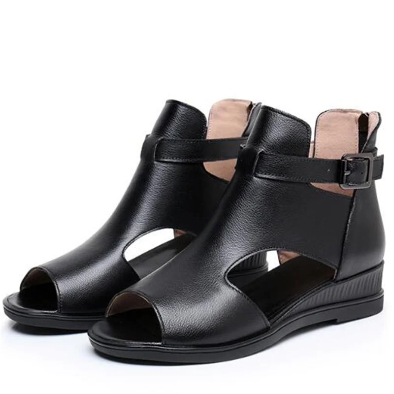 ZXRYXGS 2024 Premium Cowhide Mesh Breathable Summer Boots Women Leather Sandals Large Size Elegant Fashion Sandals Wedges Flat