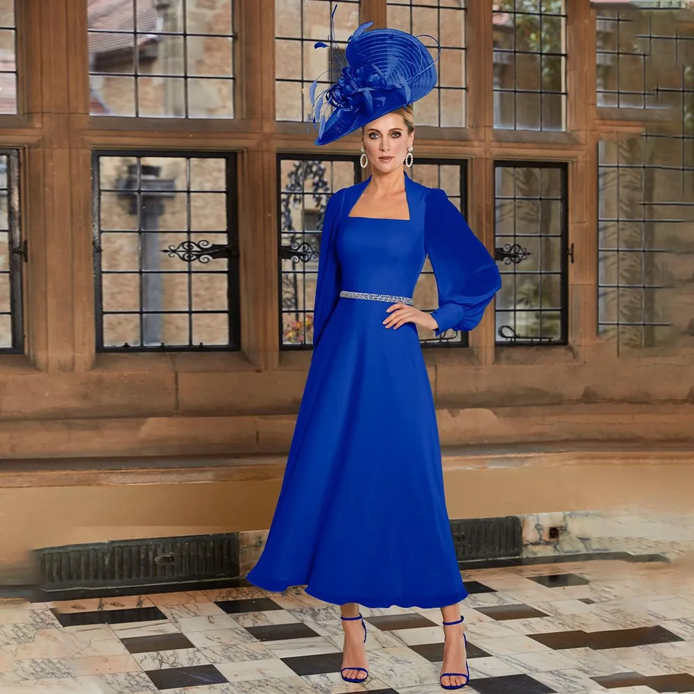 

Dark Royal Blue Mother of the Bride Dresses for Weddings 2023 Chiffon Midi A Line Long Puffy Sleeves Women's Wedding Guest Gowns