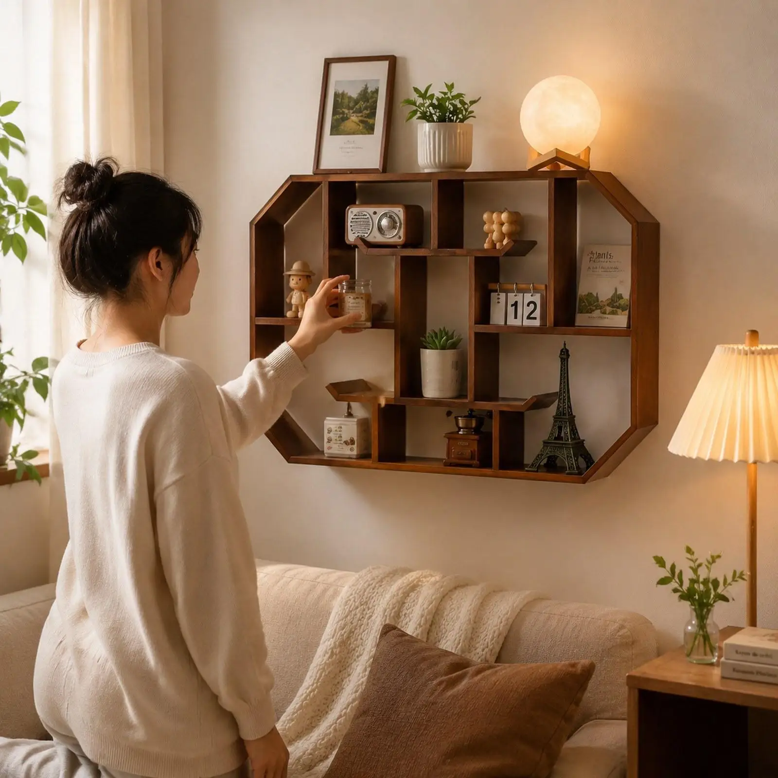 

Wall Display Shelf Storage Rack Rustic Storage Organizer Wood Shelf for Teapots Artworks Small Plants Photo Office