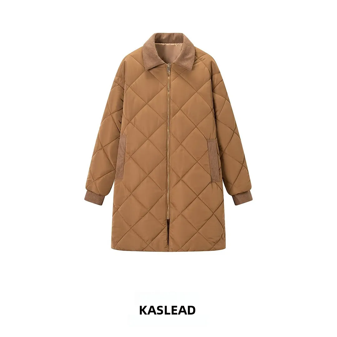 KASLEAD New Women's Loose Fit Cotton Jacket Corduroy Contrast Color Collar Diamond Pattern Zipper Closure Mid-Length Coat