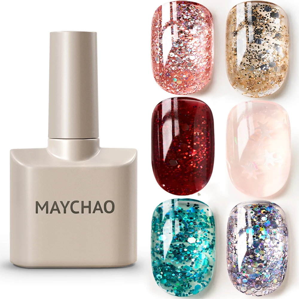 MAYCHAO 12ML Summer Red Glitter Gel Nail Polish Semi Permanent Soak Off UV LED Gel Varnish Nail Art Manicure Base Gel Top Coat