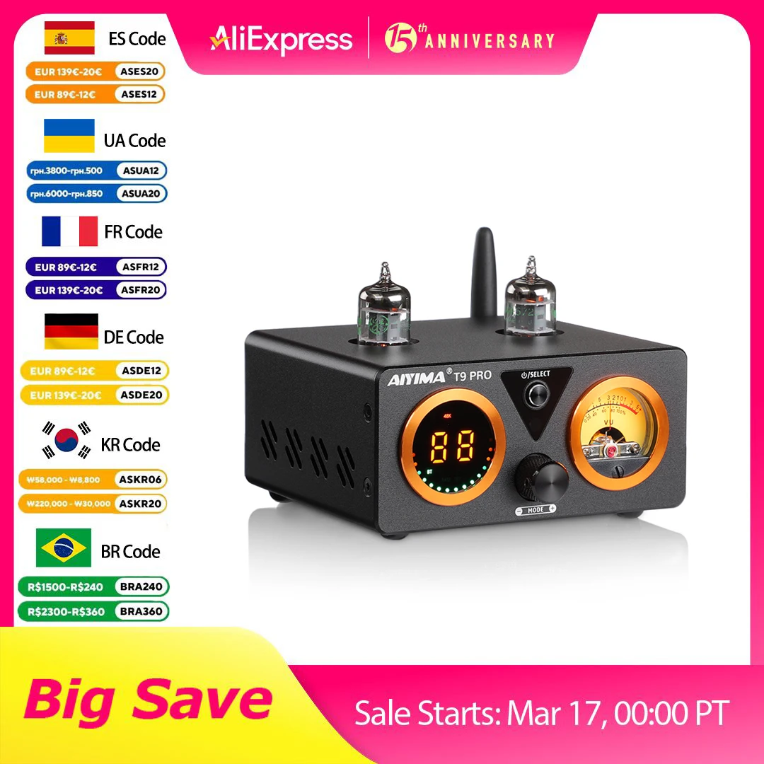 AIYIMA T9 프로 하이파이 블루투스 튜브 앰프, VU 계량기 앰프, 스테레오 파워 앰프, USB DAC, COAX, OPT 홈 오디오 앰프, 100W x 2