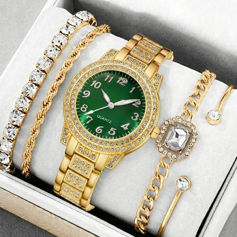 5Pcs/Set Unisex Jewelry Watches Women's Wristwatch Accessories Gold Green Fashionable Elegant Trendy Classic Exquisite Rhinestone Luxury Quartz Watch Y2K Party Gathering Daily Wear Birthday Holiday Gift Travel Vacation