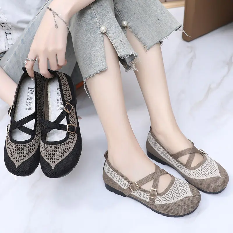 

Spring Women Retro Mary Janes Flats Cross Band Flat Bottom Shallow ballet shoes Mesh Knit Summer Shoes Comfortable Mom Footwear