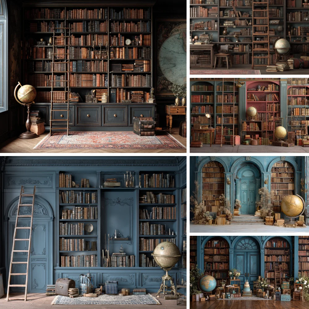 Photography Backdrop Vintage Bookcase Books Globe Back to School Party Decor Portrait Photo Background for Photo Studio