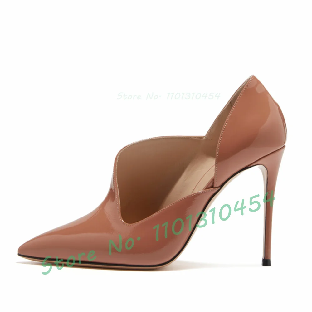 Patent Nude Pointed Toe Pumps Women Feminine Bevel Edge Hollow Out High Heels Shoes Sexy Ladies Outdoor Party Stiletto Pumps