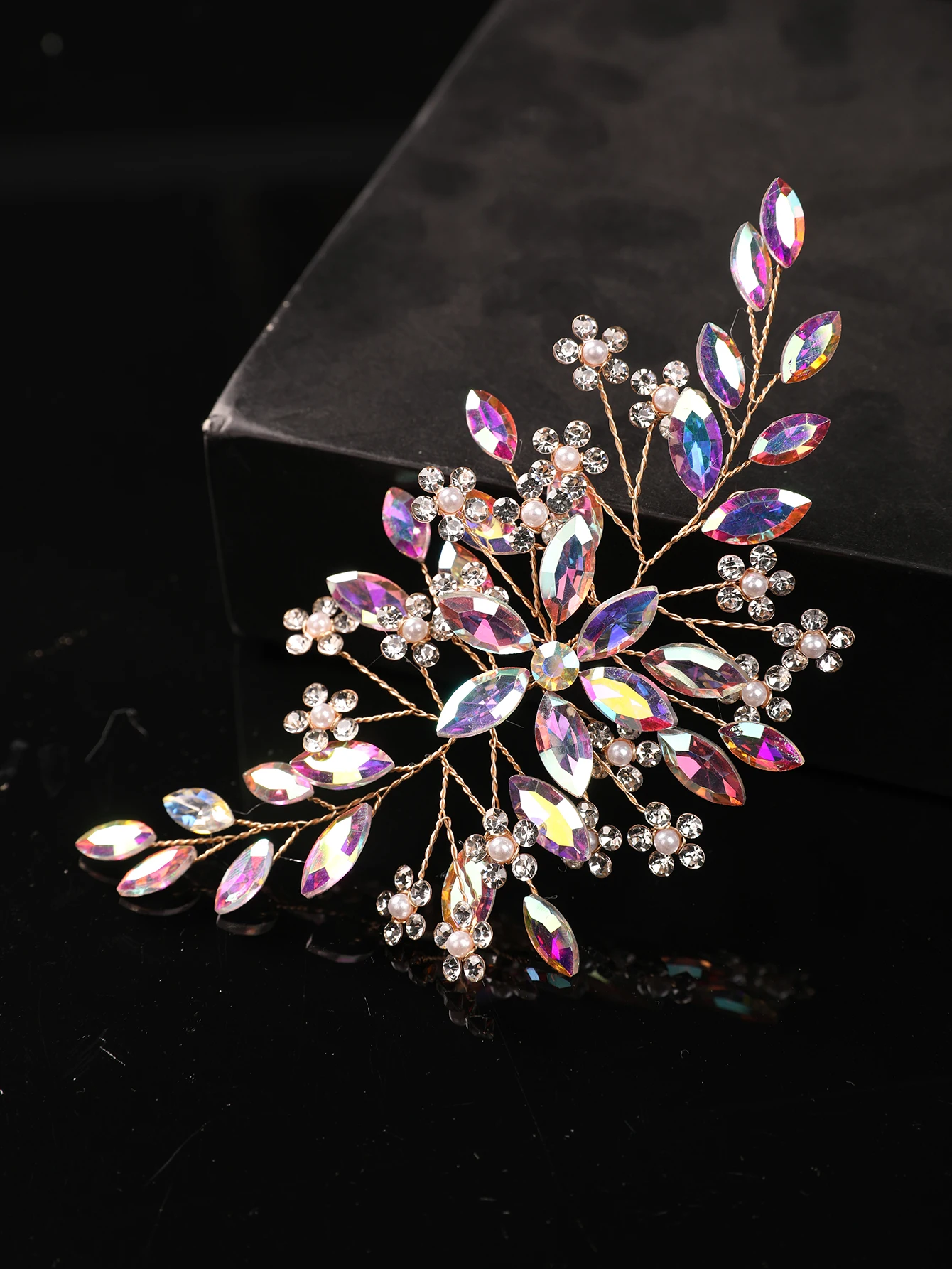 Grenzüberschreitend Beliebte Glitzernde Wassertropfen-Haaraccessoires für Hochzeiten, Legierung AB Farbige Kristallperlen Baumförmige Haarspangen – Detail 2