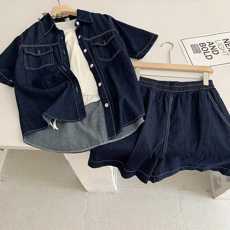 Retro Revers Denim Shirt 2 Stuks Set Outfit Losse Denim Shirt Met Korte Mouwen Hoge Taille Wijde Pijpen Casual Shorts Tweedelige Set Dames