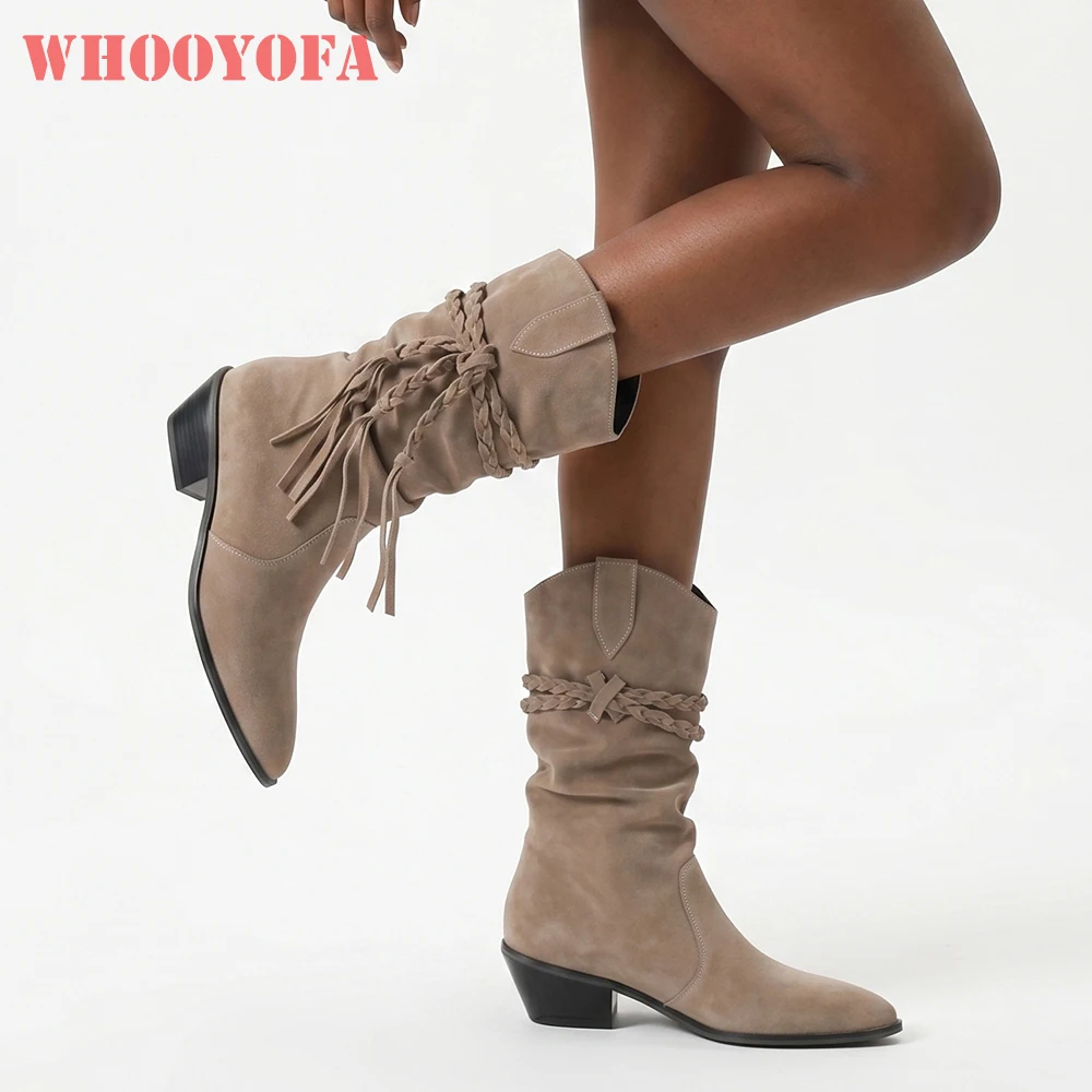 2026 Winter Fashion Mid Calf  Slouch Boots for Women High Chunky Heels Wide Fit Lady Daily Shoes Large Plus Size 11 48 50