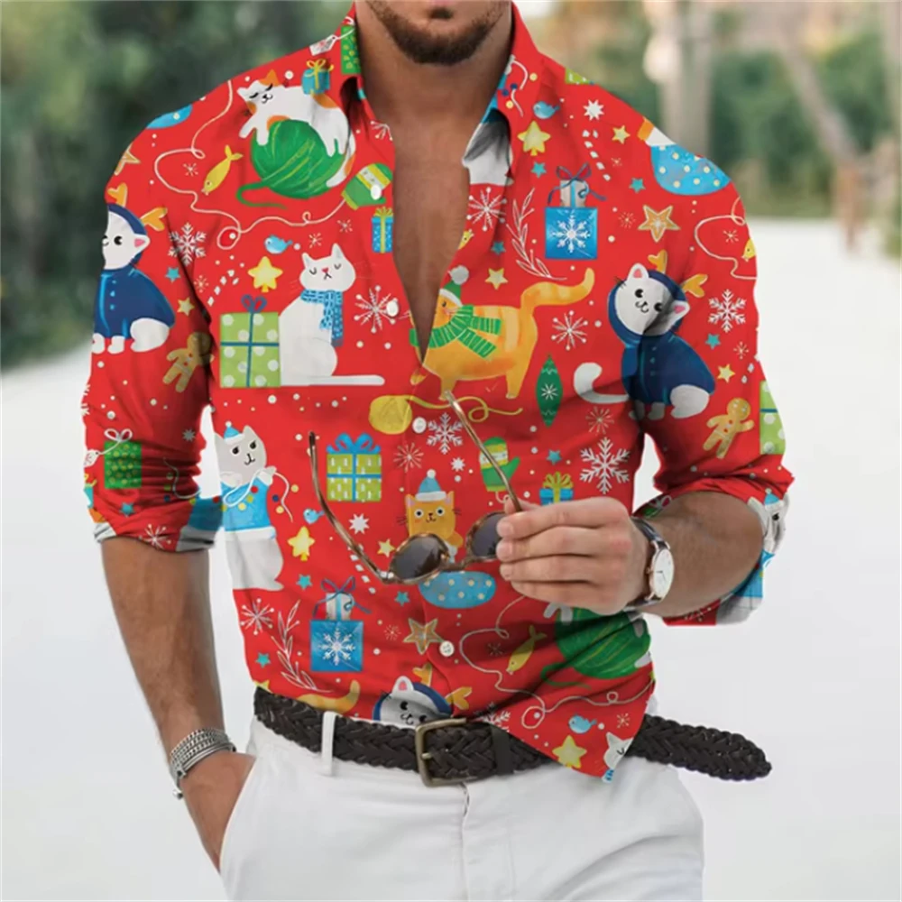 Camisas de manga larga para hombre, camisas navideñas de Año Nuevo, decoración de Año Nuevo, moda informal, ropa cómoda de gran tamaño para hombre