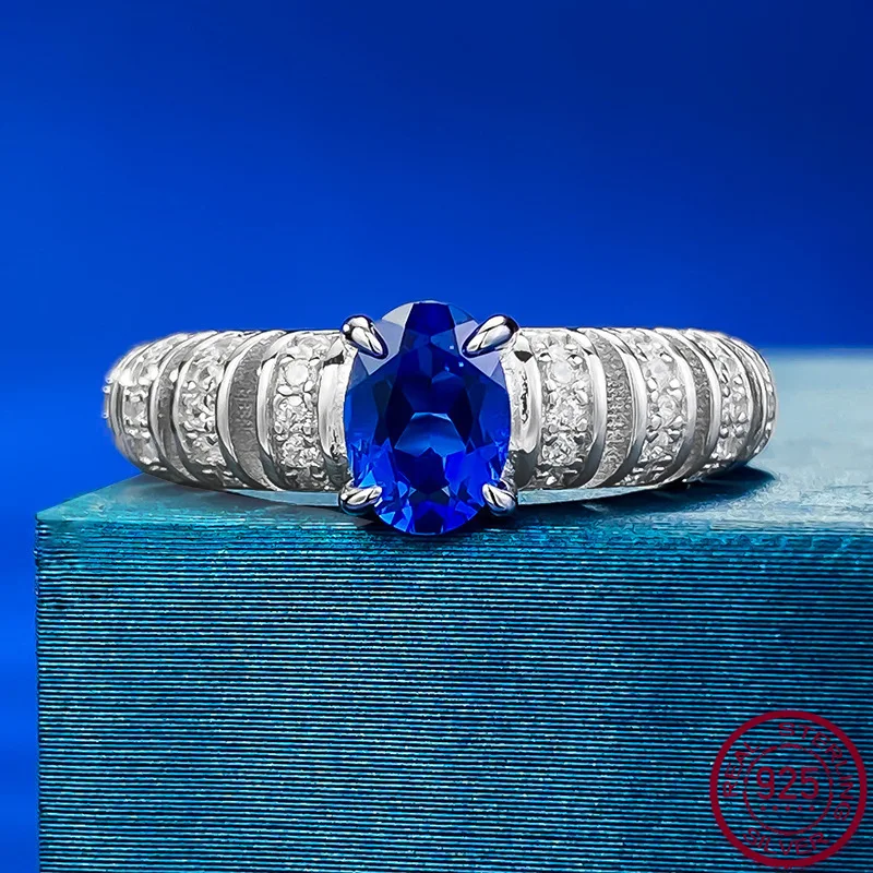 

New S925 Silver Elliptical Simulation Sapphire 5 * 7mm Dan shaped Ring, Elegant, Light Luxury, Personalized Wedding Jewelry