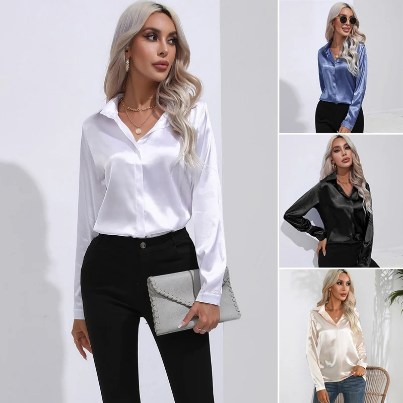 Women Dress Shirts Long Sleeve Blouses Female Shirts Satin Silk Button Down Shirts