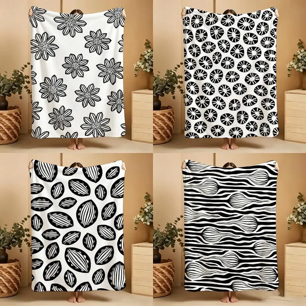 Botanical Seamless B-Black White Linear Throw Soft Warm Throw Blanket for Bedroom Living Room Bed Travel Camping Picnic Gift
