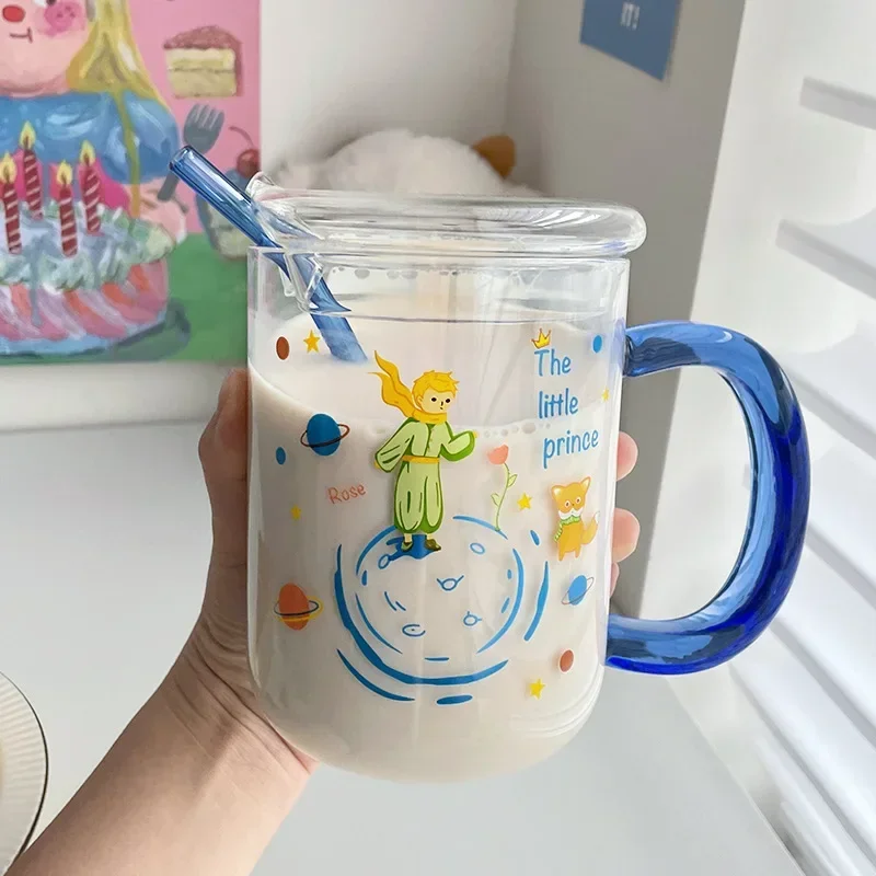 

800ML Large Capacity Glass Cup with Straw Cover Animation Cartoon Little Prince Office Milk Tea Juice Mugs Hand Warming Cups