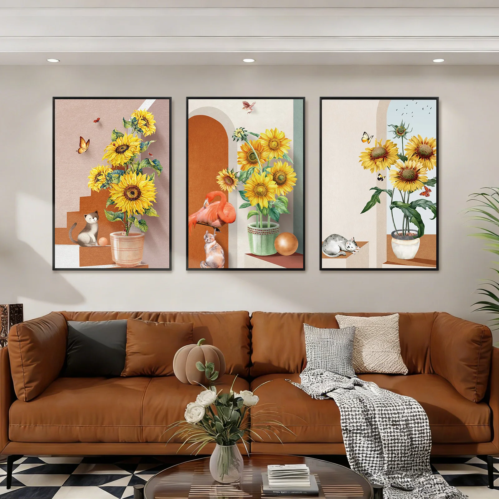 3 Panel Sunflower Botanical Wall Art, 16x24 Inch Cute Animal Vase Floral Framed Wall Prints Home Decor