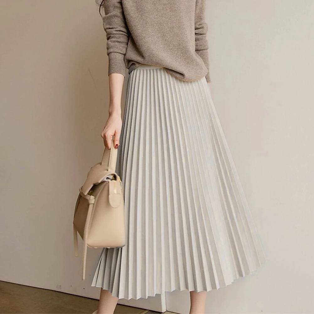 Saia de lã solta saia de cintura alta estilo plissado tecido de poliéster nova condição saias femininas todas as estações