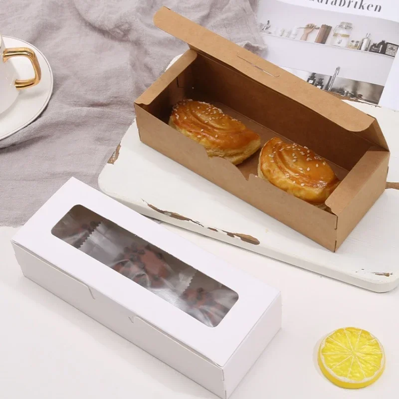 Long Leather Paper Baking Packaging Box, Pastry, Dessert, Candy, Cookie, Cake Gift Box with Clear Window, Baking Packaging Box