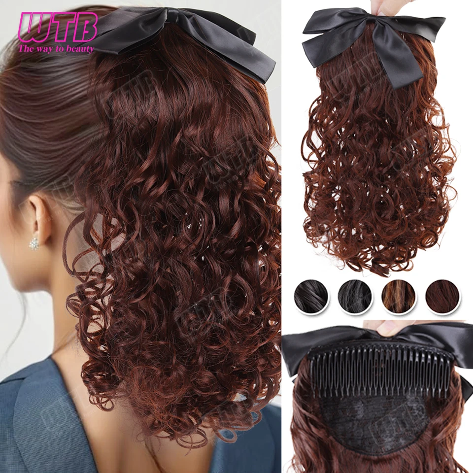 

Синтетический парик-хвост WTB с гребнем, кудрявый хвост с черным бантом, аксессуар для волос, подходит для повседневного ношения женщинами.