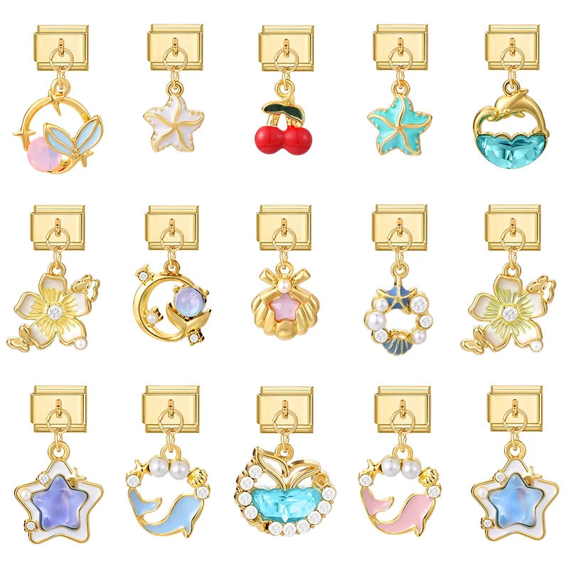 لامعة الزركون ذيل السمكة ستار الزهور الكرز الذهبي قلادة الإيطالية سحر الروابط صالح 9 مللي متر الفولاذ المقاوم للصدأ سوار النساء DIY بها بنفسك صنع #2