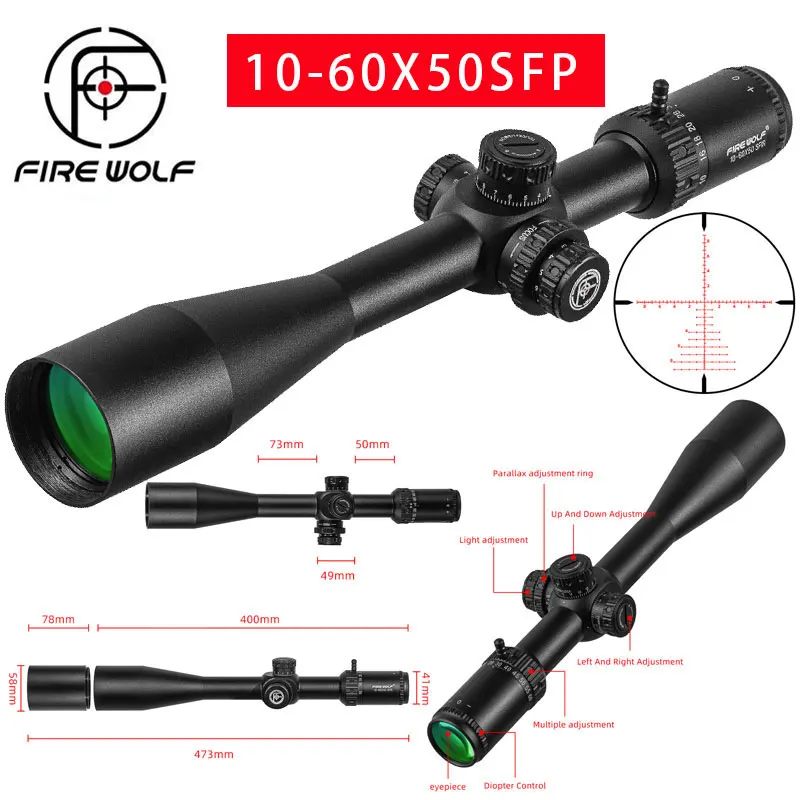 FIRE WOLF 10-60X50 SFIR Hunting Scope Glass Red Illumination Reticle Side Parallax Turret Lock Reset