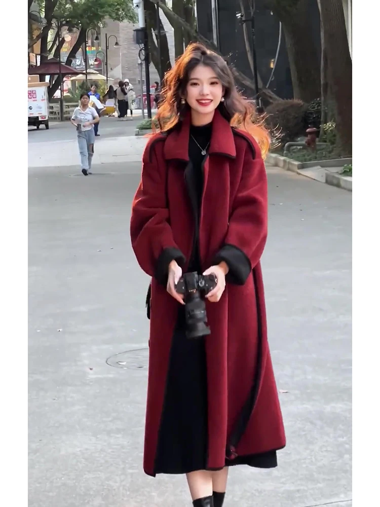 

Elegant Double-Sided Cashmere Woolen Coat Wine Red Retro Style Women's Outerwear Fall Winter New Arrival Quality Fabric