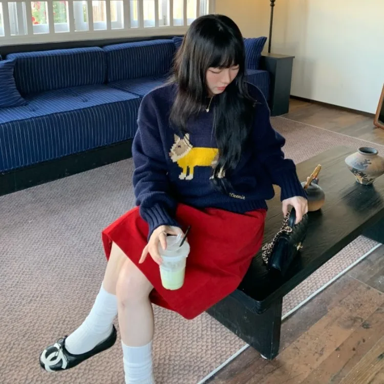 High Waist Corduroy Midi Skirt for Women Cisas Red Versatile Faionable Autumn Winter Design kets Ci Commute