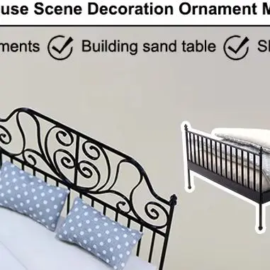 

1/12 Scale Dollhouse Simulation European Double Bed Set Iron Bedroom Furnishing Toy with Pillow, Mattress and Quilt