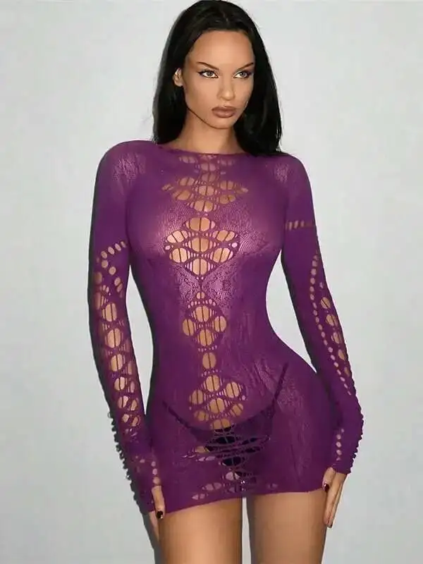 Transparente Versuchung Pyjamas Neue frauen Aushöhlen Sexy Hohe Elastizität Mesh Kleidung Kleid Elegante Lila Süße Tops 4GT1