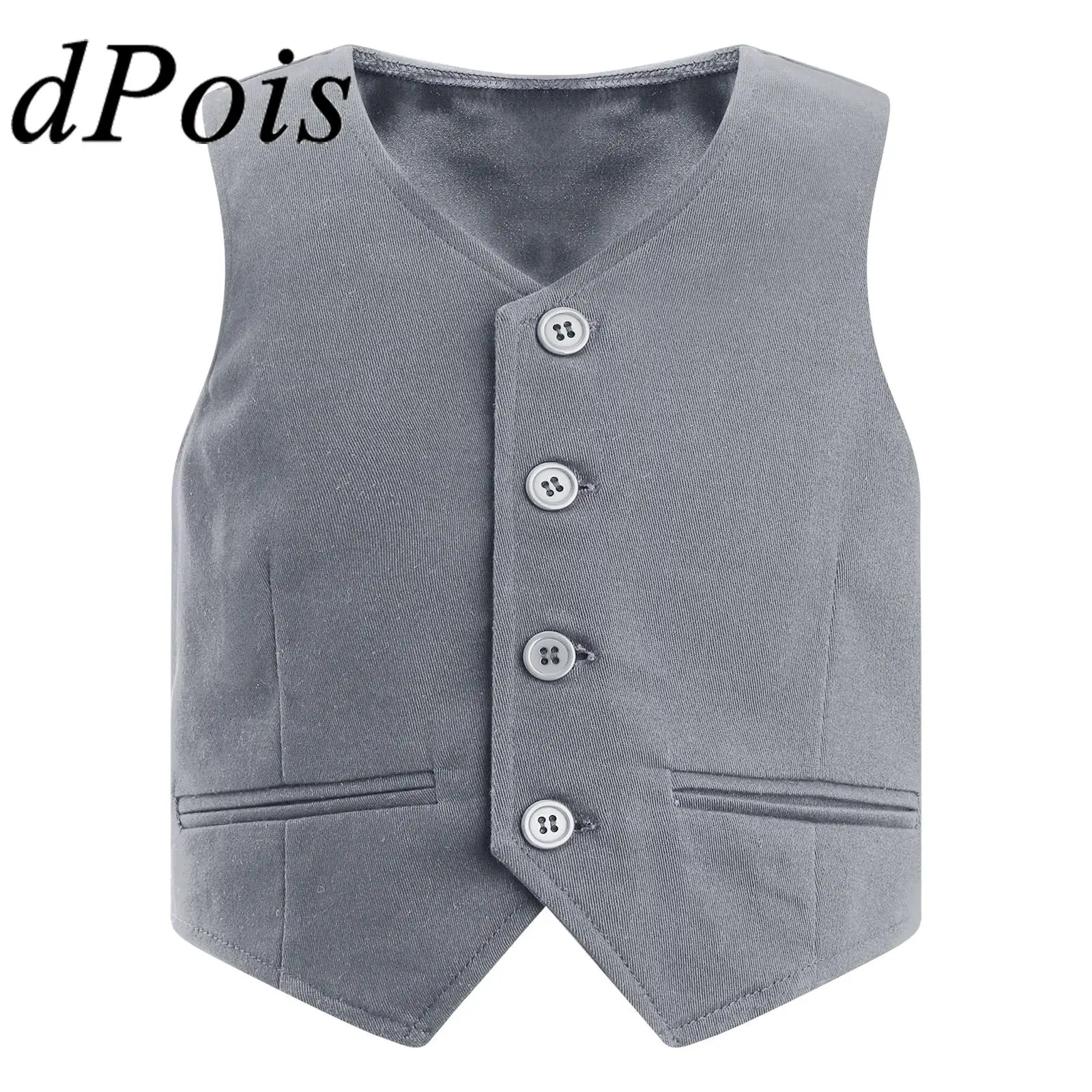 Kids Gentlemen Formal Dress Vest School Uniforms Tops Teens V Neck Button Down Waistcoat Birthday Party Performance Costume