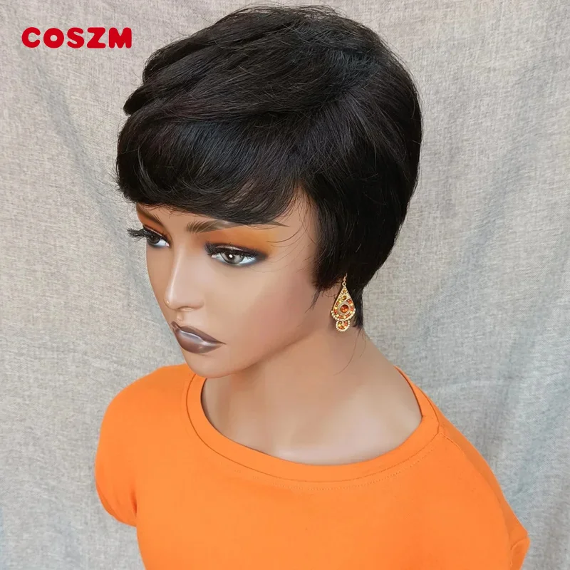 

Custom Short Bob Pixie Cut Straight Hair Wig With Bangs Peruvian Virgin Human Hair Wigs For Black Women 180% Glueless Full M ZML