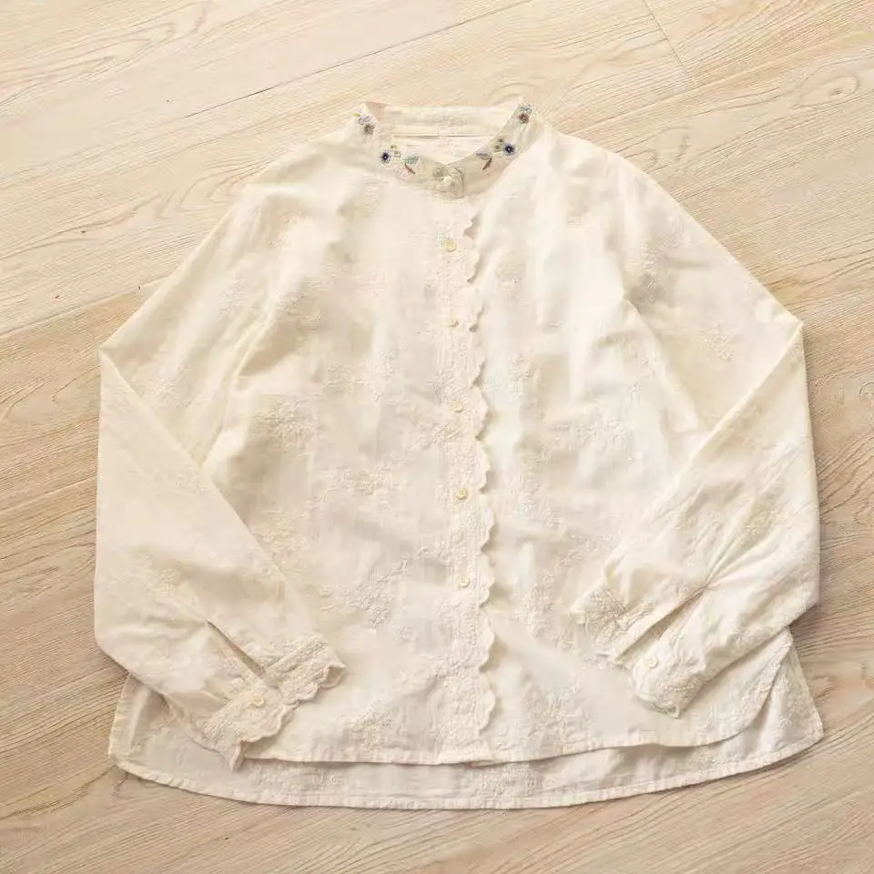 Women's Stand Collar White 100% Cotton Blouse Floral Embroidery Scalloped Lace Trim Long Sleeve Shirt Boho Clothing
