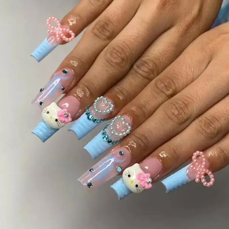 Sanrios Kuromi Kitty My Melody Anime Y2k Europe and America Handmade Press on Nails Long Tips Nails Design Manicure Girls Gift