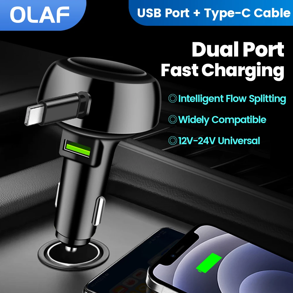 

Retractable Car Charger 6A Fast Charging For iPhone QC3.0 mini PD USB Type C Car Mobile Phone Charger For Xiaomi Samsung Huawei