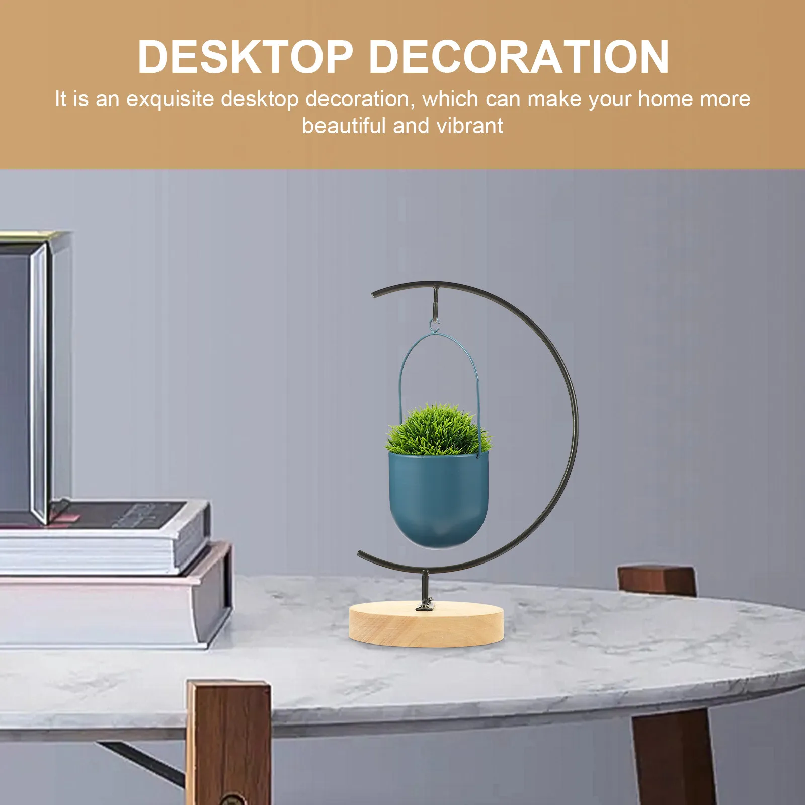Desktop Iron Hanging Stand with Wooden Base for Glass Terrariums Flowerpots Windchimes Christmas Ornaments Creative Gift Display