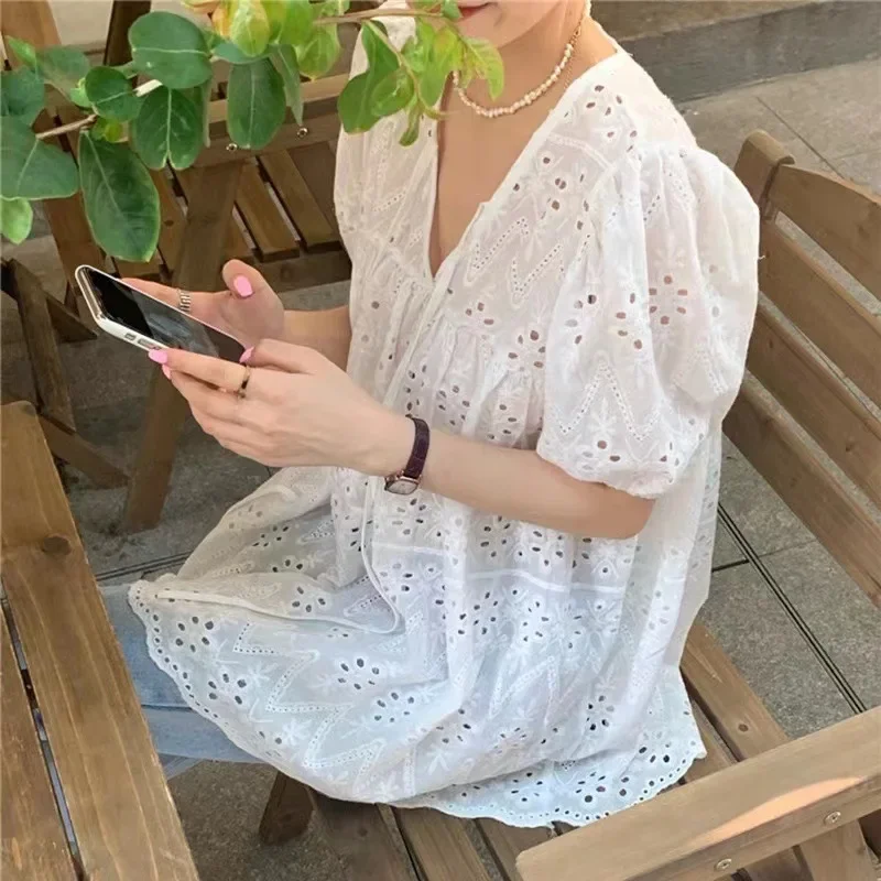 2025 camisa feminina branca renda oca verão solto camisa de manga curta feminina manga bufante design branco topo