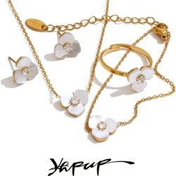 Yhpup Waterproof Exclusive Natural Shell Flower Golden Necklace Earrings Ring Bracelet Set Stainless Steel Sweet Fairy Jewelry