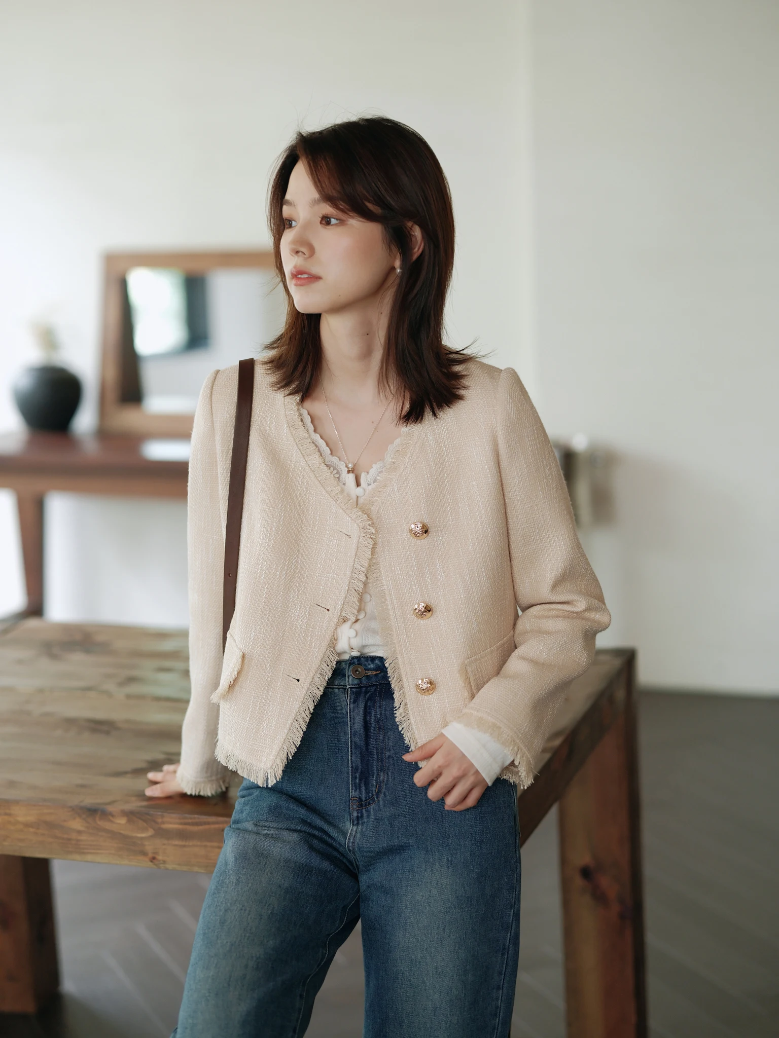 

MIXABO ort Svel V-ne Coat Women's Autumn Spring Coarse Woolen Fabric Tassel Trim Straight Cut Pure Color Commute Sle