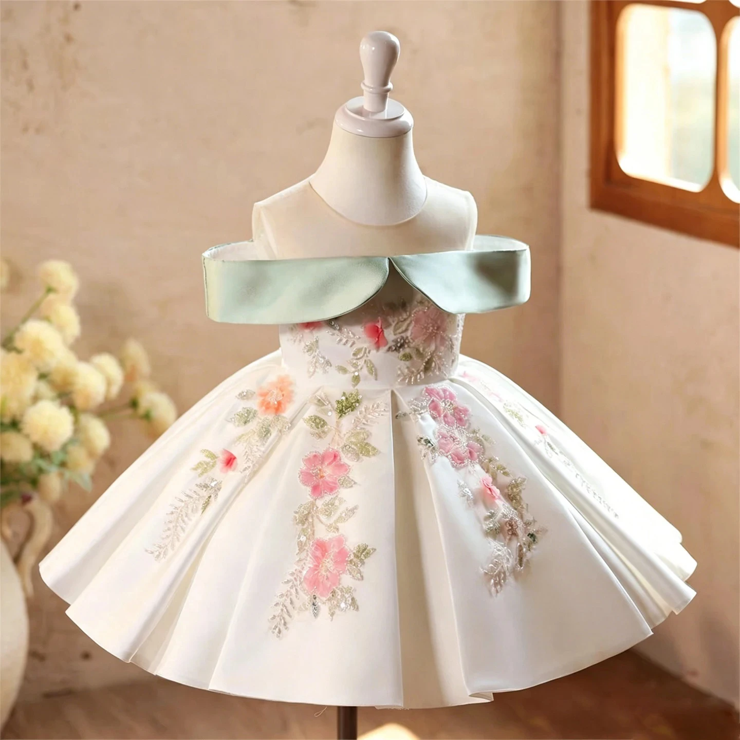 Customized White Flower Girl Dress For Wedding Appliques Short Sleeve Knee Length Elegant Kids Birthday First Communion Gown