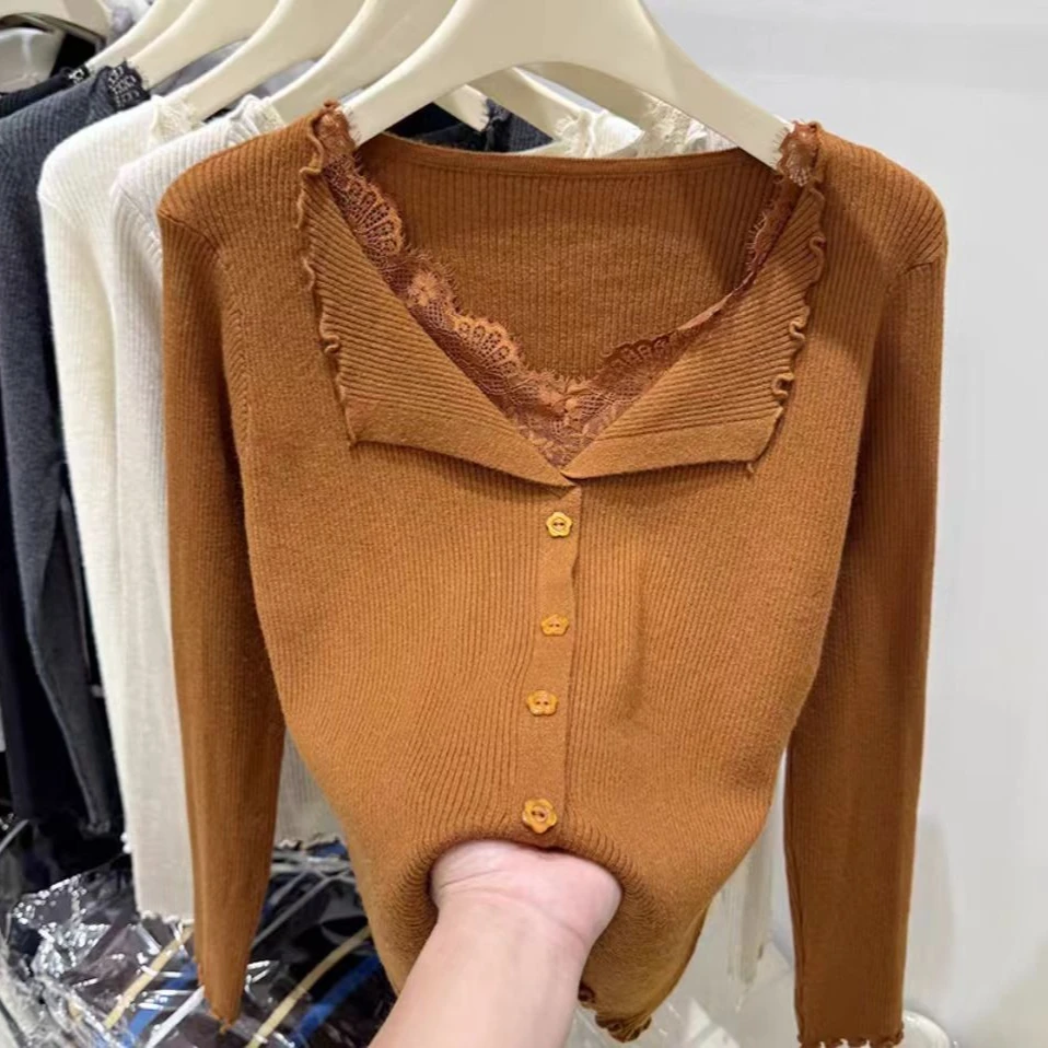 패션 슬림 긴팔 싱글 브레스티드 가디건 여성 니트 스웨터 가을 겨울 캐주얼 레이스 스플라이스 브이넥 여성 스웨터