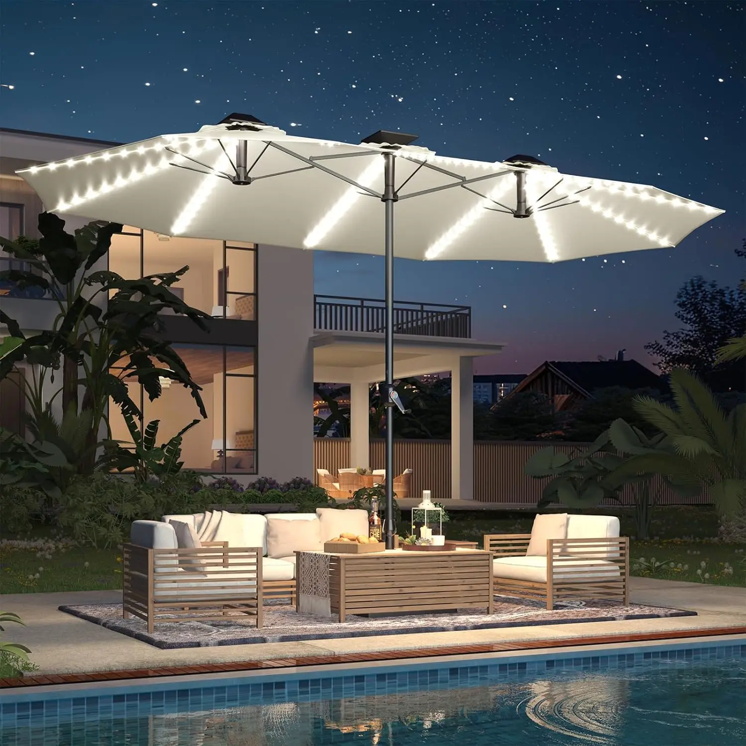 15ft Rectangular Patio Umbrella with Solar LED Lights & Crank Handle for Backyard Deck Pool, 1.9